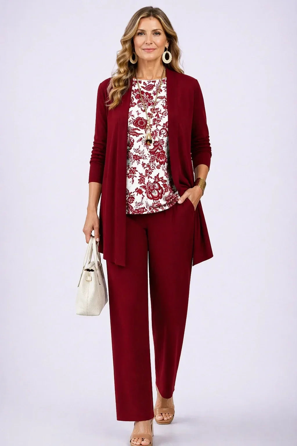 Holly | Élégant ensemble fleuri bordeaux trois pièces