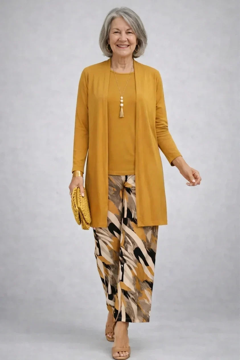 Ensemble trois pièces Honora moutarde avec pantalon imprimé
