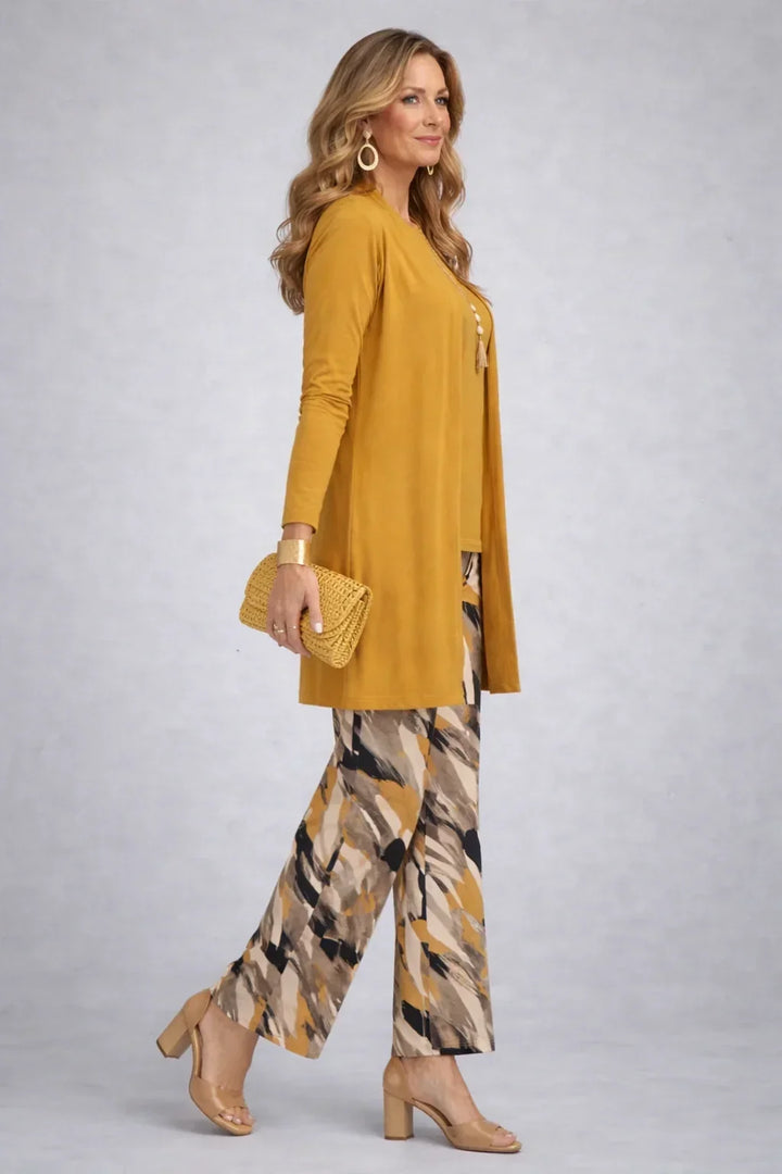Ensemble trois pièces Honora moutarde avec pantalon imprimé