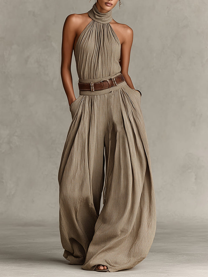 Caterina | Combinaison large couleur taupe avec décolleté américain de style boho