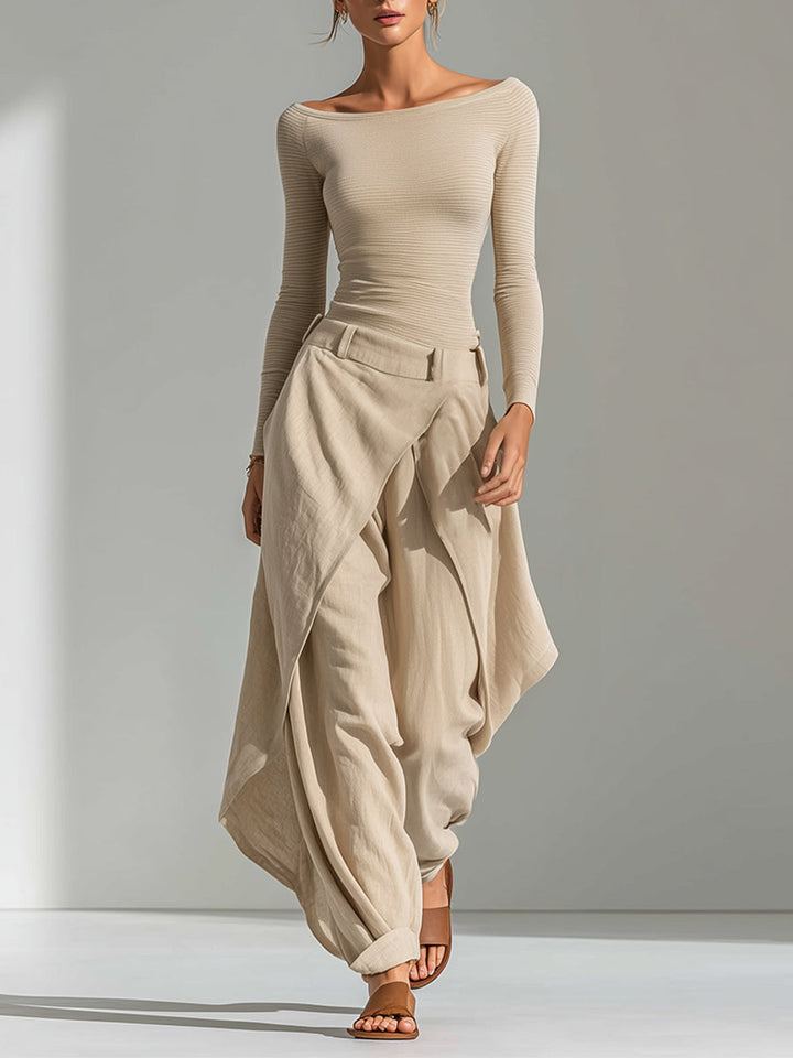 Éveline | Ensemble Haut Beige Col Bateau et Pantalon Large à Volants