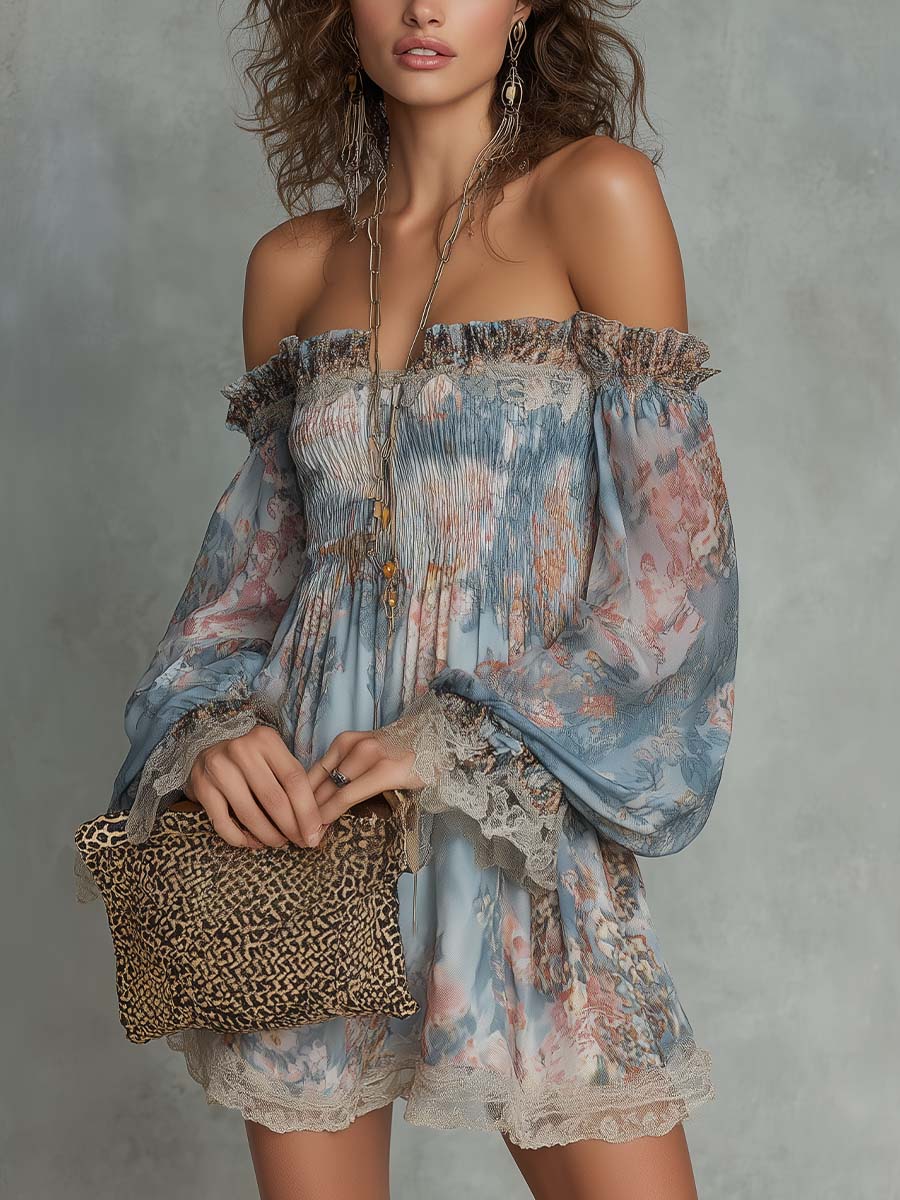 Elvira™ | Mini Robe Florale Off-Shoulder en Dentelle