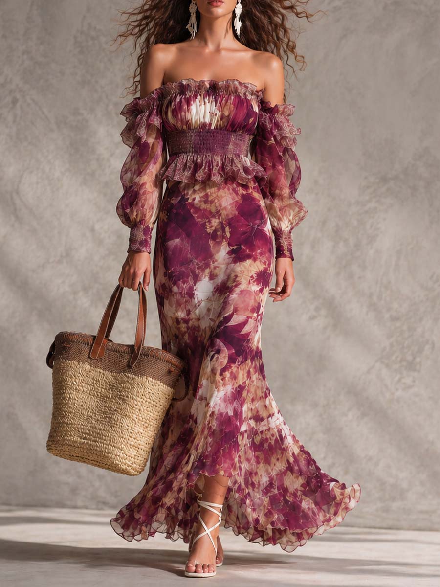 Robe longue en mousseline à fleurs et épaules dénudées rose
