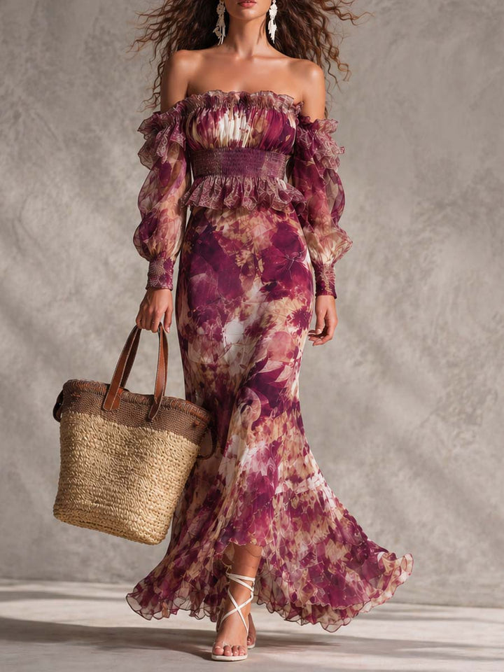 Robe longue en mousseline à fleurs et épaules dénudées rose