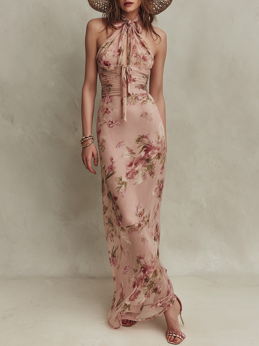 Lia - Élégante robe longue en mousseline à imprimé floral et encolure ajourée