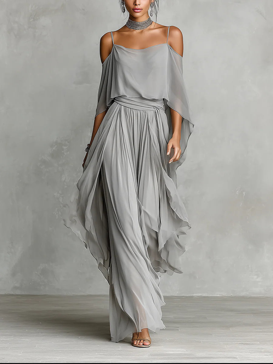 Isabella | Ensemble haut fluide gris et pantalon en mousseline • S1