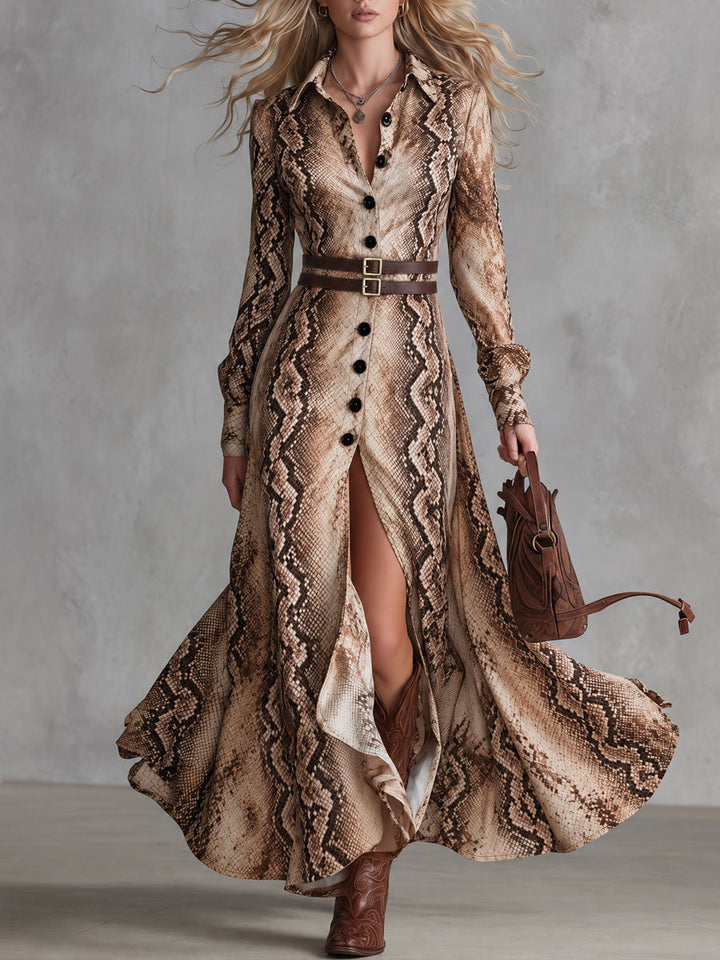 Esther | Robe Maxi Imprimé Reptile Marron Vintage à Double Bretelle et Fente