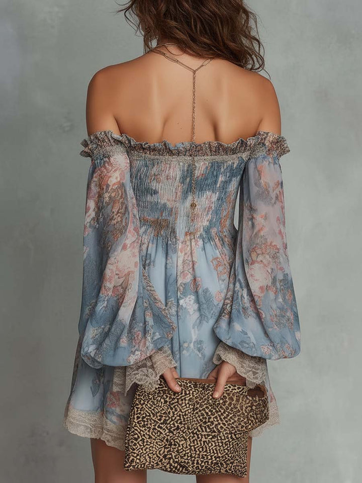 Romane | Robe Mini en Mousseline Froncée à Épaules Dénudées et Fleurs Romantiques