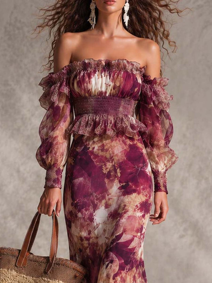 Robe longue en mousseline à fleurs et épaules dénudées rose