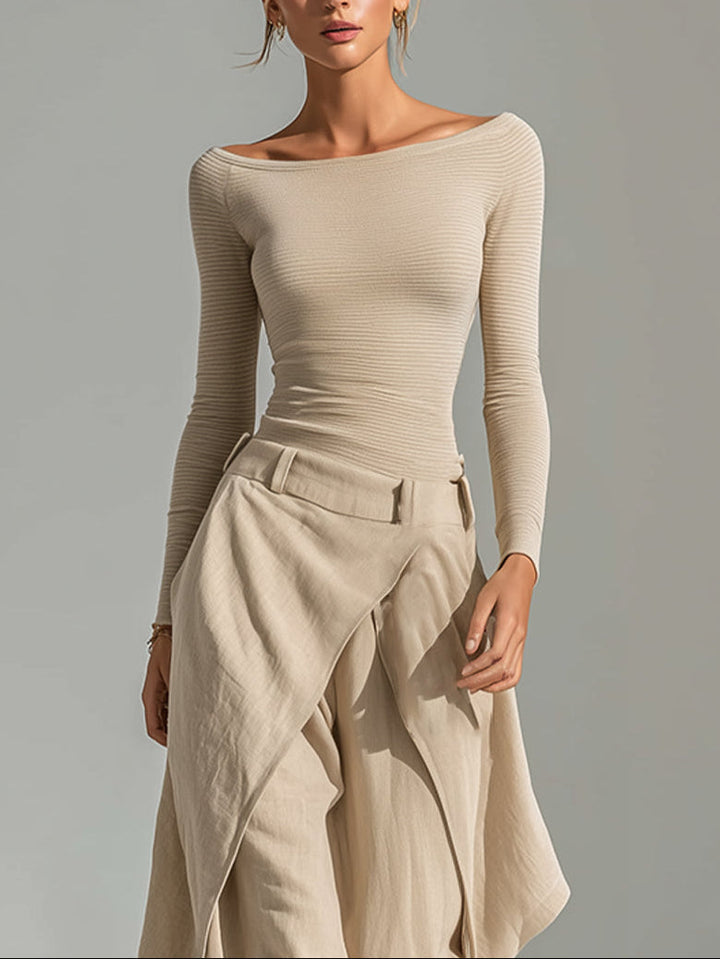 Éveline | Ensemble Haut Beige Col Bateau et Pantalon Large à Volants