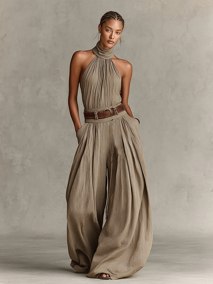 Caterina | Combinaison large couleur taupe avec décolleté américain de style boho