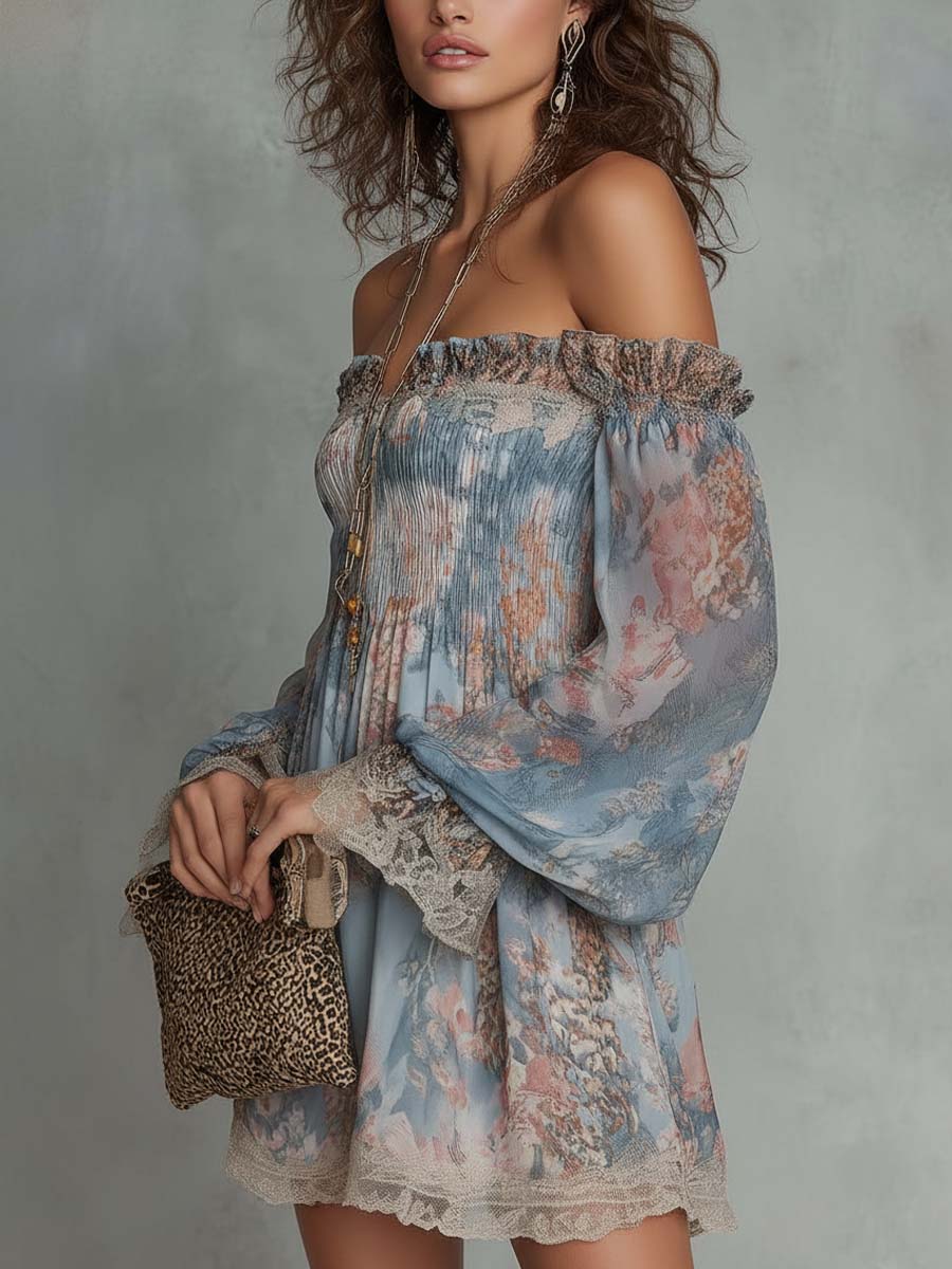 Elvira™ | Mini Robe Florale Off-Shoulder en Dentelle