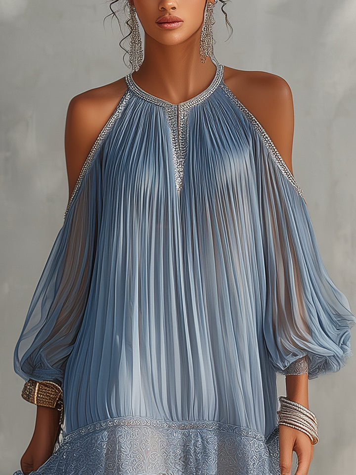 Céleste | Mini Robe Bleue Épaules Dénudées Froncée à Ourlet en Dentelle