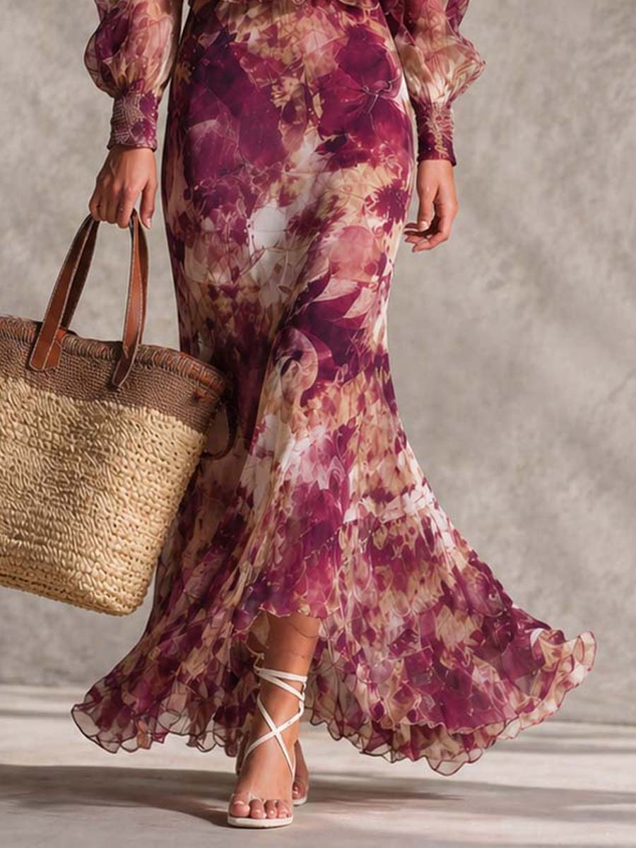 Robe longue en mousseline à fleurs et épaules dénudées rose