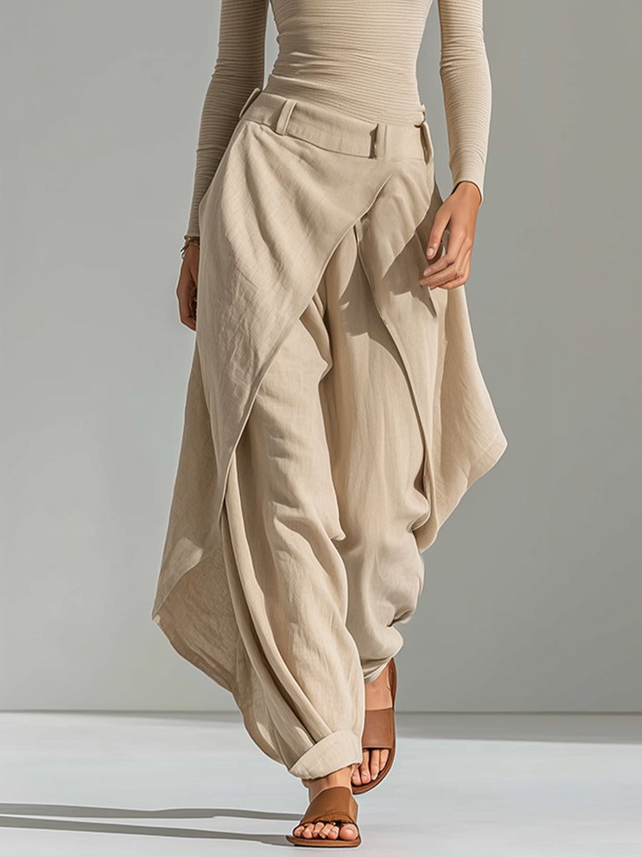 Delphine | Ensemble Haut Beige Col Bateau et Pantalon Large à Volants