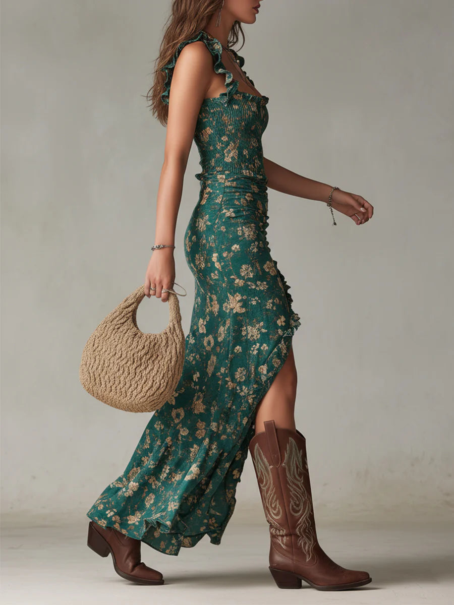 Robe longue bohème verte imprimée à manches à volants