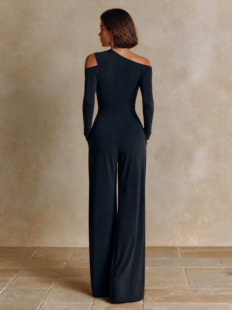 Élodie | Combinaison Monoépaule Noire de Soirée avec Pantalon Large