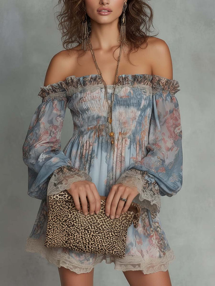 Elvira™ | Mini Robe Florale Off-Shoulder en Dentelle