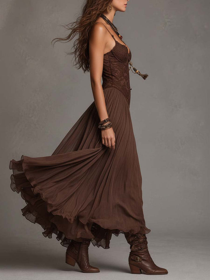 Robe longue en mousseline à empiècements de dentelle brun foncé