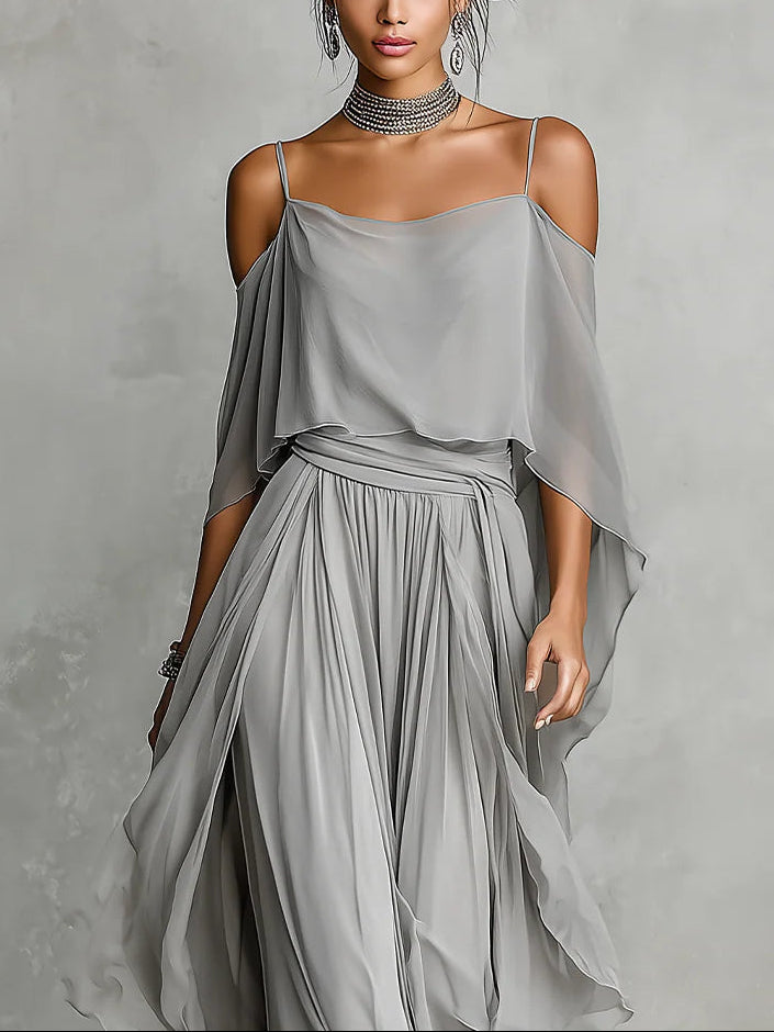 Isabella | Ensemble haut fluide gris et pantalon en mousseline • S1
