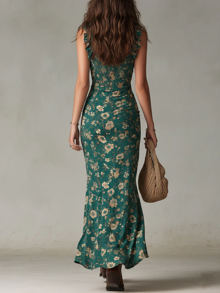 Robe longue bohème verte imprimée à manches à volants