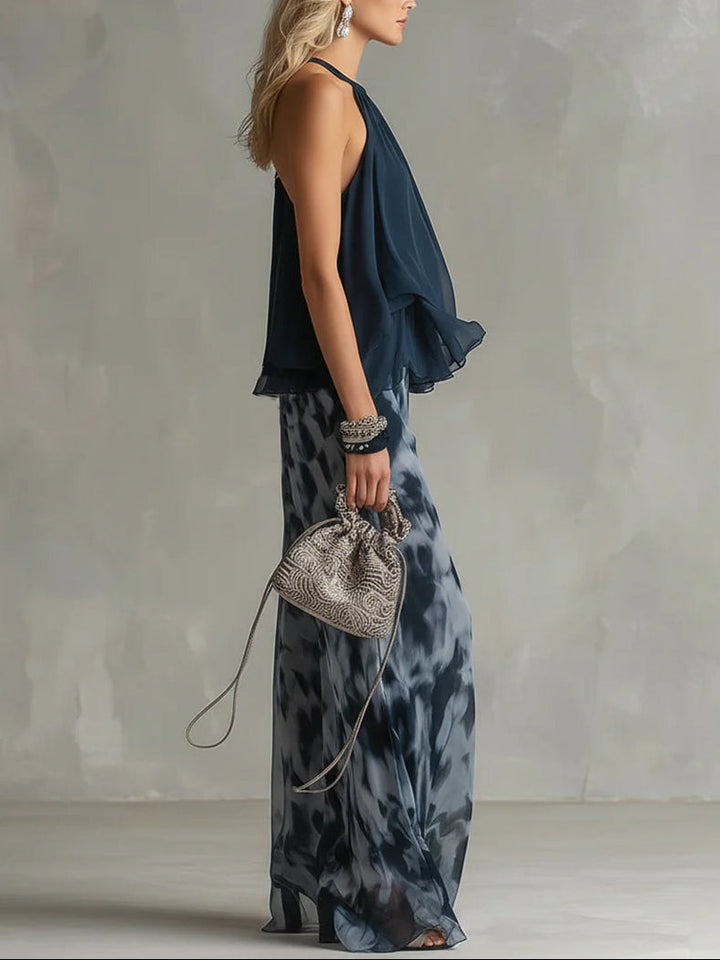 Ensemble en mousseline avec haut dos-nu bleu marine et pantalon imprimé à jambes larges