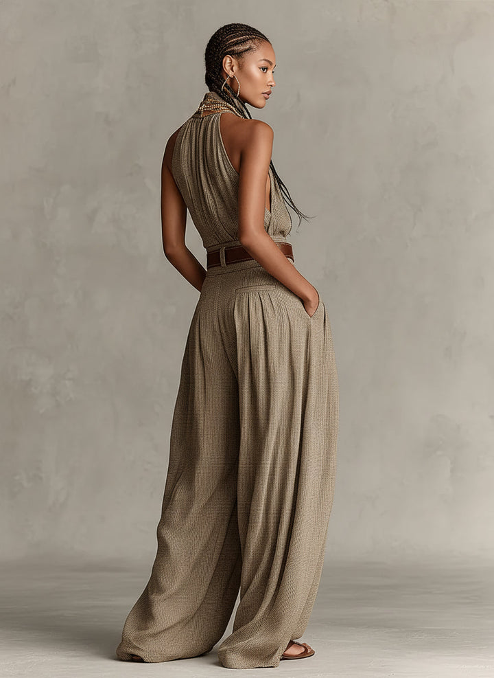 Caterina | Combinaison large couleur taupe avec décolleté américain de style boho