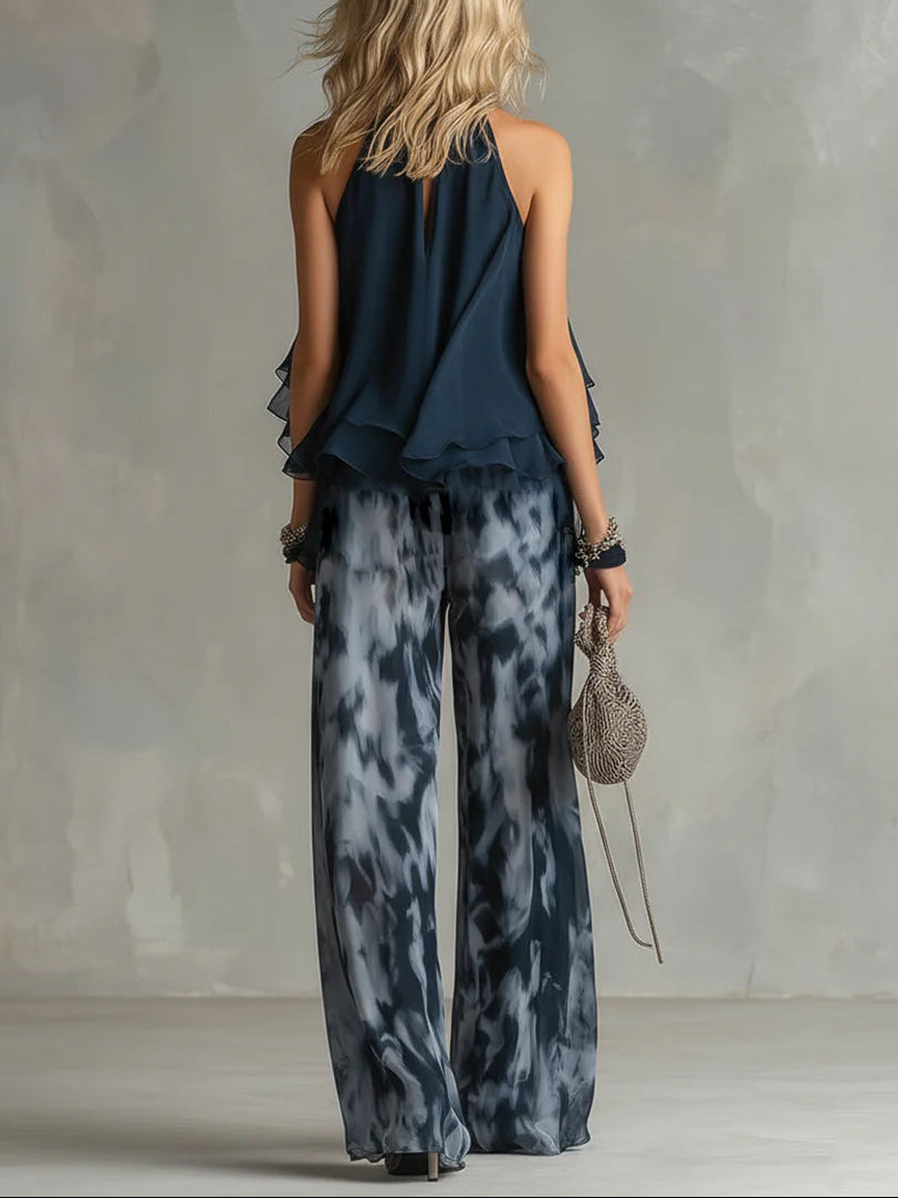 Ensemble en mousseline avec haut dos-nu bleu marine et pantalon imprimé à jambes larges