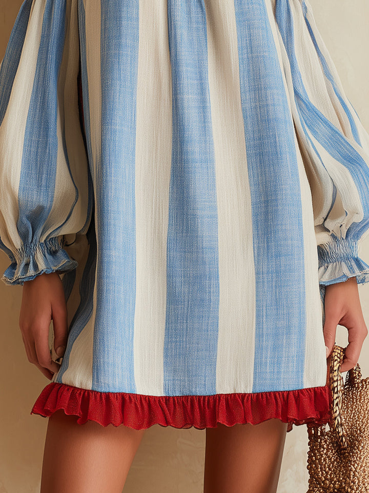 Ondine | Mini Robe Rayée Bleu et Blanc à Épaules Dénudées et Ourlet Contrasté