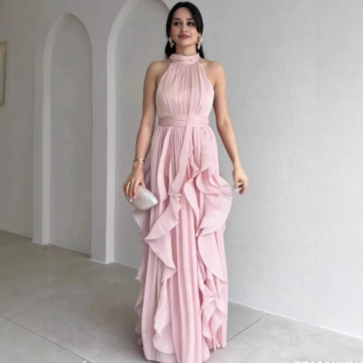 Orea™ Robe longue à col montant, froncée et à volants superposés
