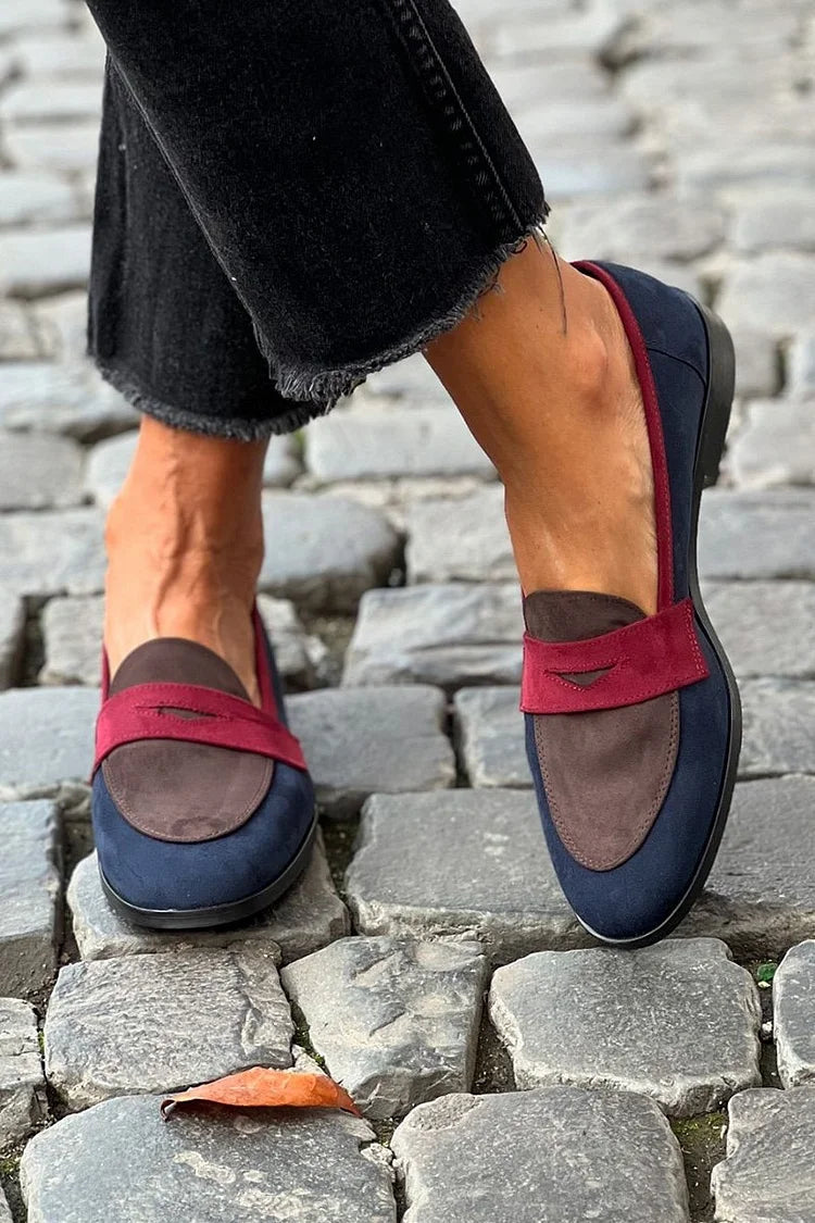 Mocassins color block patchwork Bleu Marine à bout rond