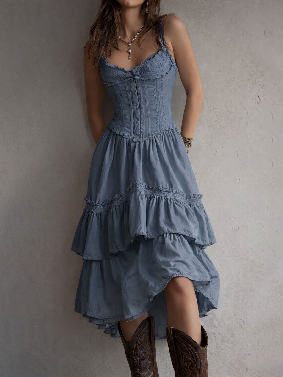 Robe midi corset bohème rétro bordée de dentelle avec jupe à volants étagés