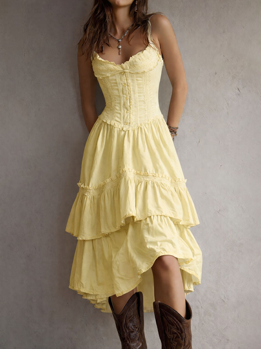 Robe midi corset bohème rétro bordée de dentelle avec jupe à volants étagés