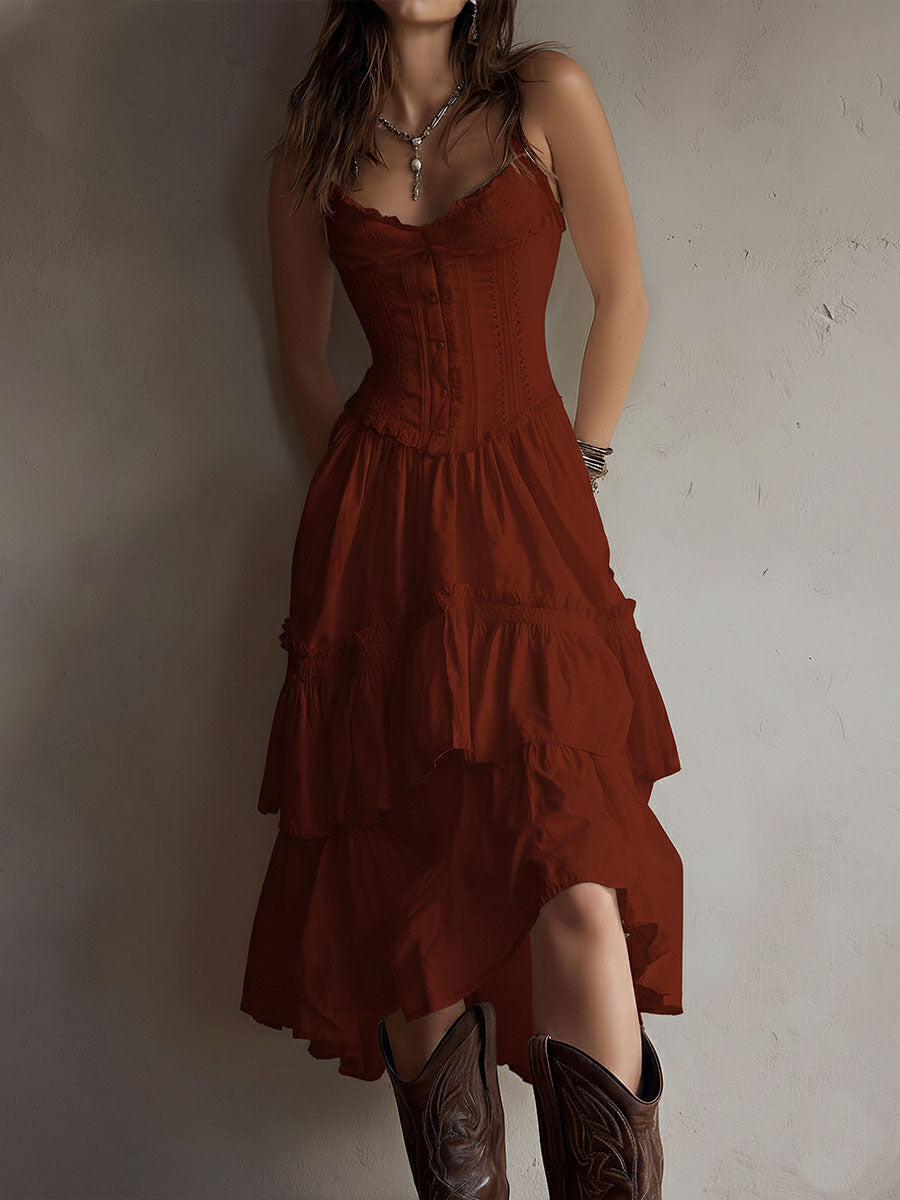 Robe midi corset bohème rétro bordée de dentelle avec jupe à volants étagés