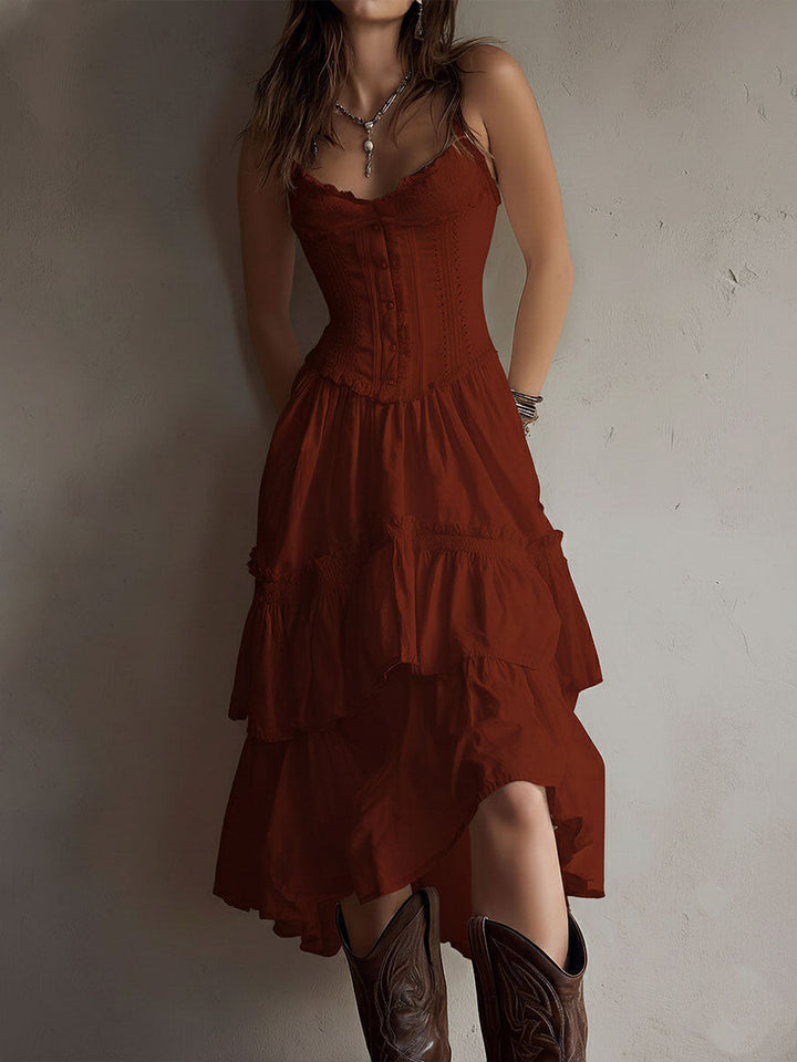 Robe midi corset bohème rétro bordée de dentelle avec jupe à volants étagés
