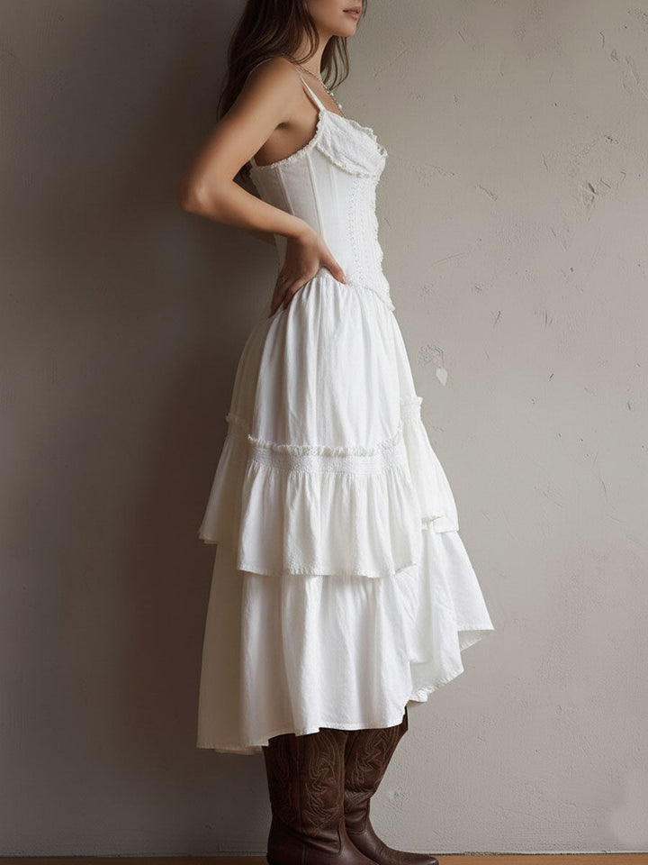 Robe midi corset bohème rétro bordée de dentelle avec jupe à volants étagés