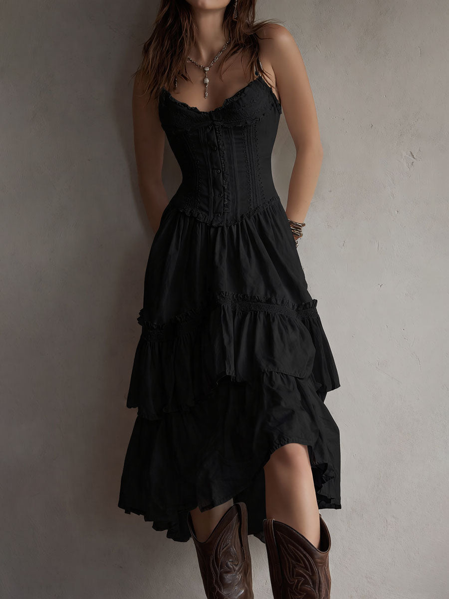 Robe midi corset bohème rétro bordée de dentelle avec jupe à volants étagés