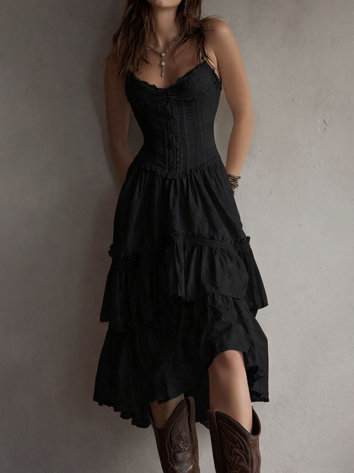 Robe midi corset bohème rétro bordée de dentelle avec jupe à volants étagés