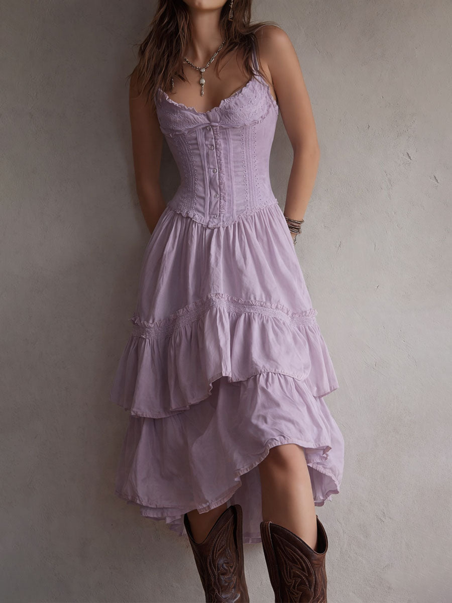 Robe midi corset bohème rétro bordée de dentelle avec jupe à volants étagés