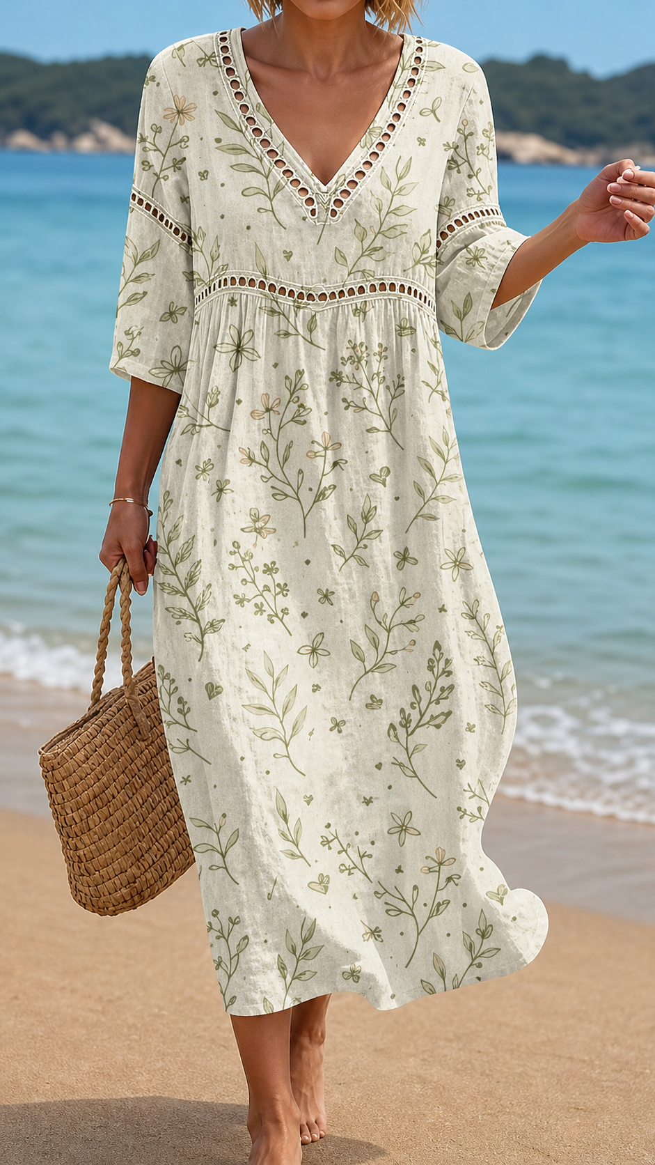 Robe de plage effet lin à imprimé botanique