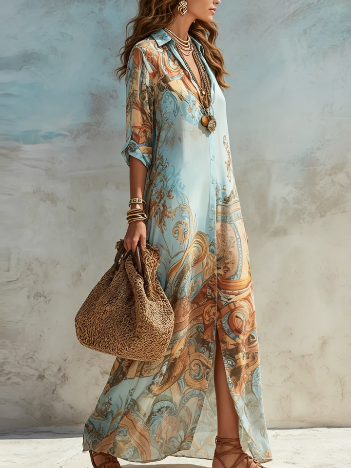 Robe longue en mousseline bleue à imprimé floral de style baroque