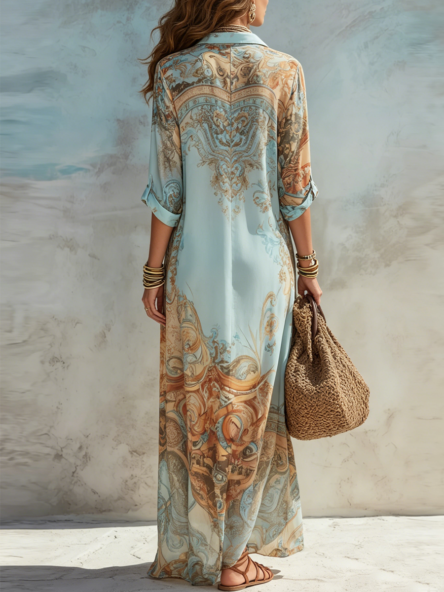 Robe longue en mousseline bleue à imprimé floral de style baroque