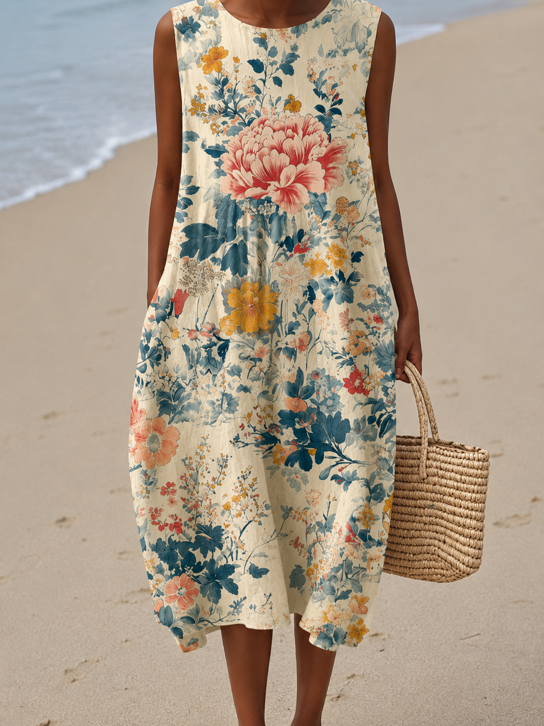 Claire - Robe midi décontractée imprimée sans manches pour femme