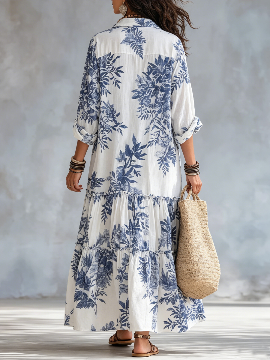 Robe longue boutonnée bohème à imprimé floral bleu