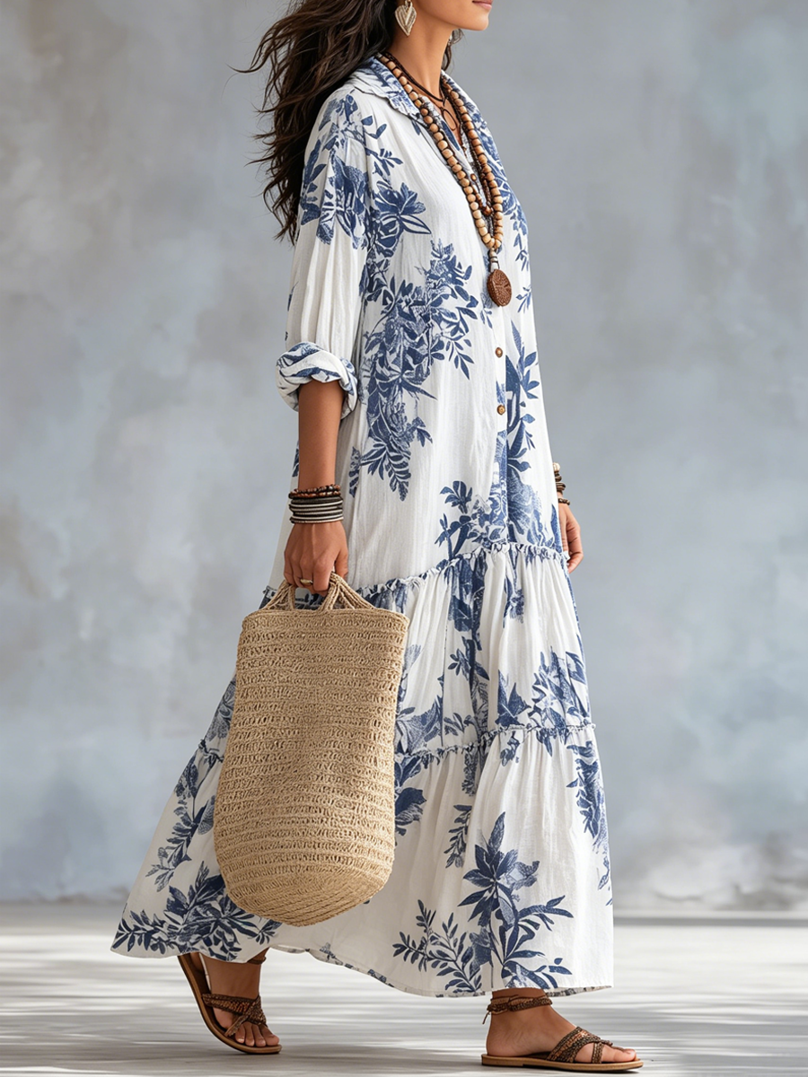 Robe longue boutonnée bohème à imprimé floral bleu