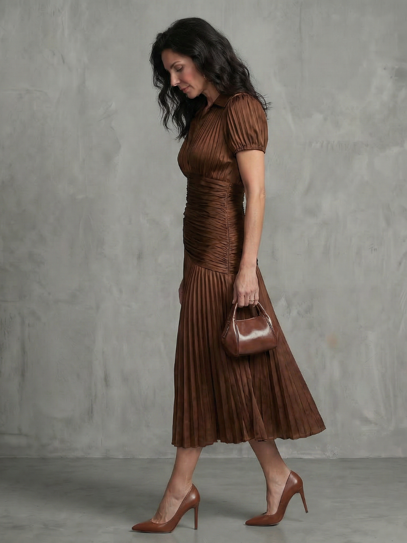 Theodora | Robe Midi à Rayures Taille Plissée
