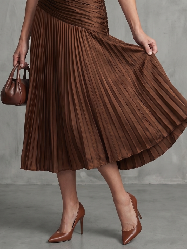 Theodora | Robe Midi à Rayures Taille Plissée