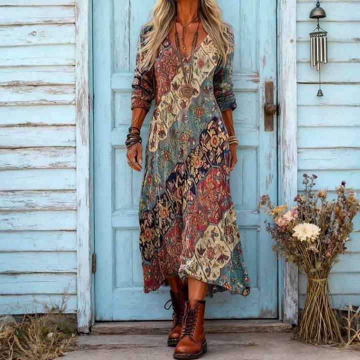 Emily | Robe Longue Fluide à Imprimé Ethnique