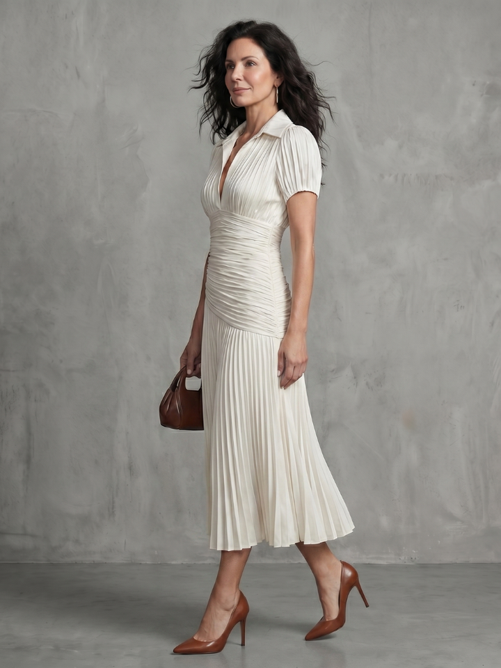 Theodora | Robe Midi à Rayures Taille Plissée