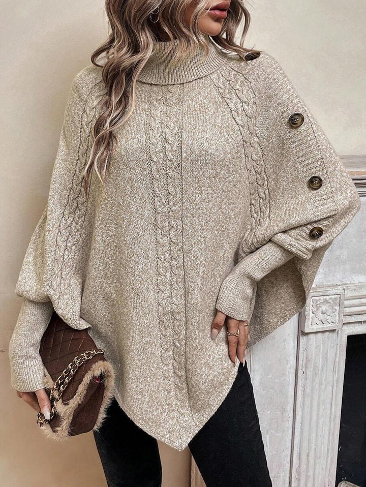 Alexis | Pull poncho chic à col montant et manches chauve-souris – Modèle asymétrique en maille torsadée